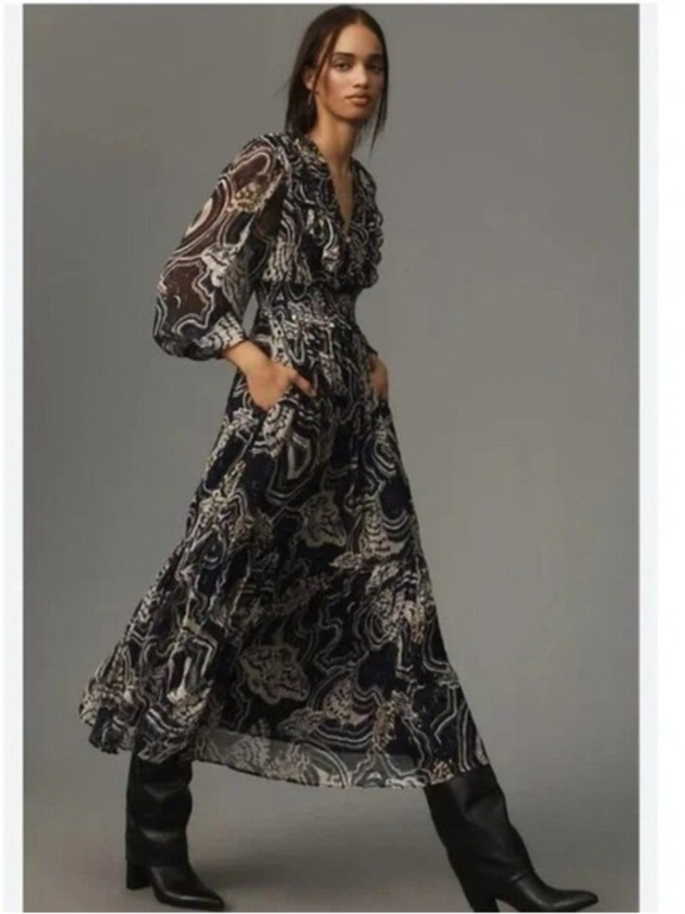 PRINTER JOHNSON LONG-SLEEVE V-NECK TEXTURED DRESS